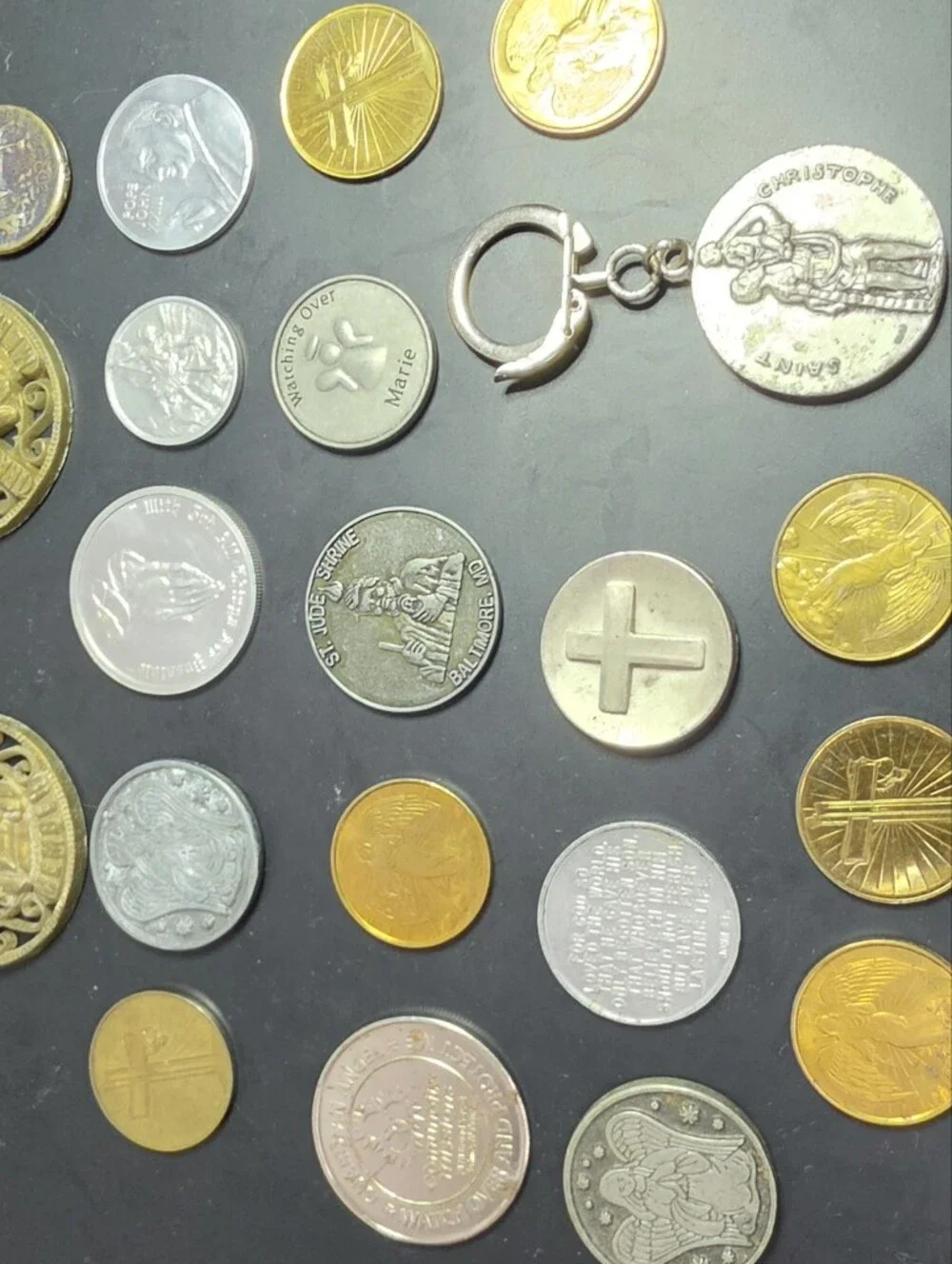 Religious Medal Keychain and Assorted Faith Tokens - Gold & Silver 21 Pieces